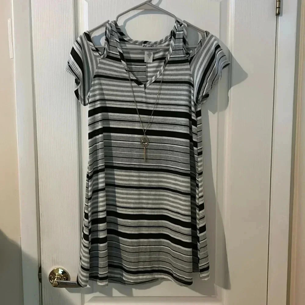 Urban Rose dress, size, medium, black, gray and white striped with necklace EUC